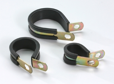 Click to enlarge - P Clips are designed to hold in place light pipework and hoses with the minimum of fuss and fixing. They have an EPDM liner that prevents chafing of the pipe/hose etc.

The band is made from mild steel with a plated finish and P clips are also available in stainless steel.